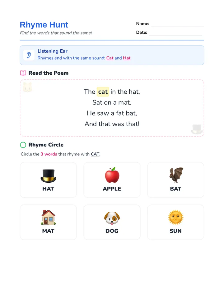 Rhyme Hunt Worksheet Poem Cat