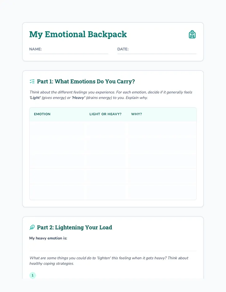 Emotional Backpack Worksheet
