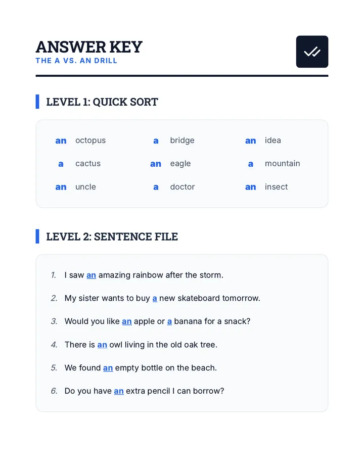 Article Drill Answer Key