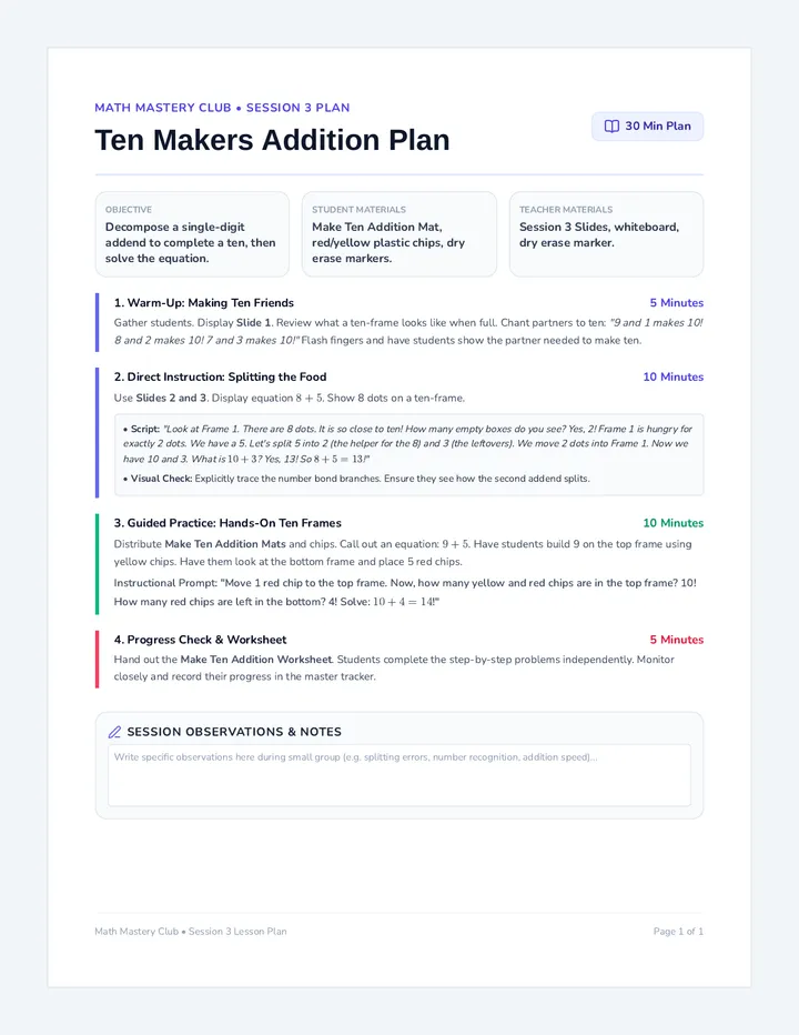 Make Ten Addition Plan