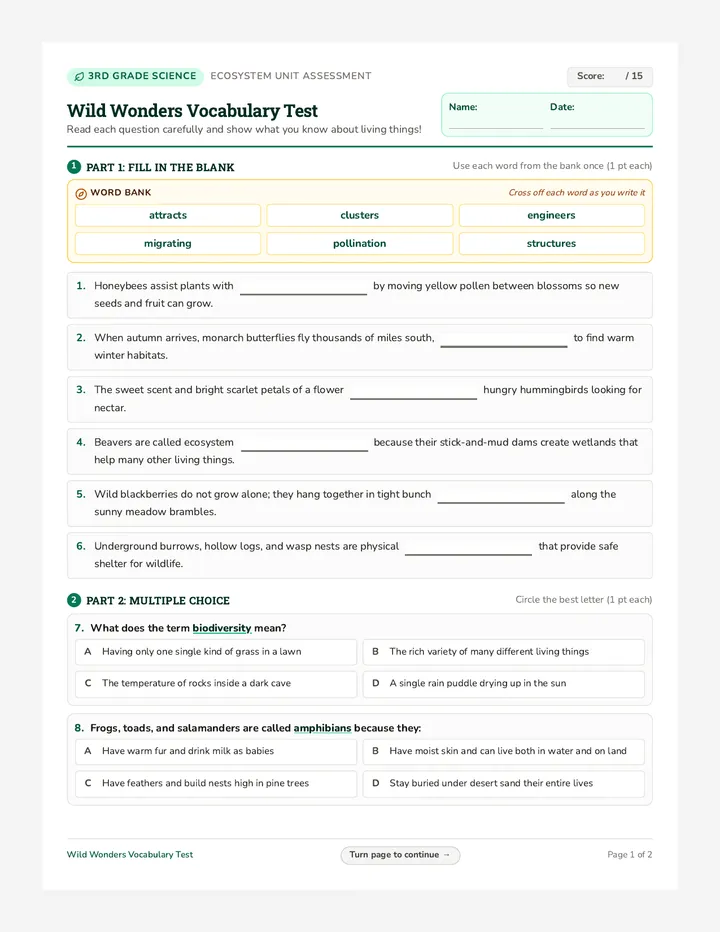 Wild Wonders Vocabulary Test
