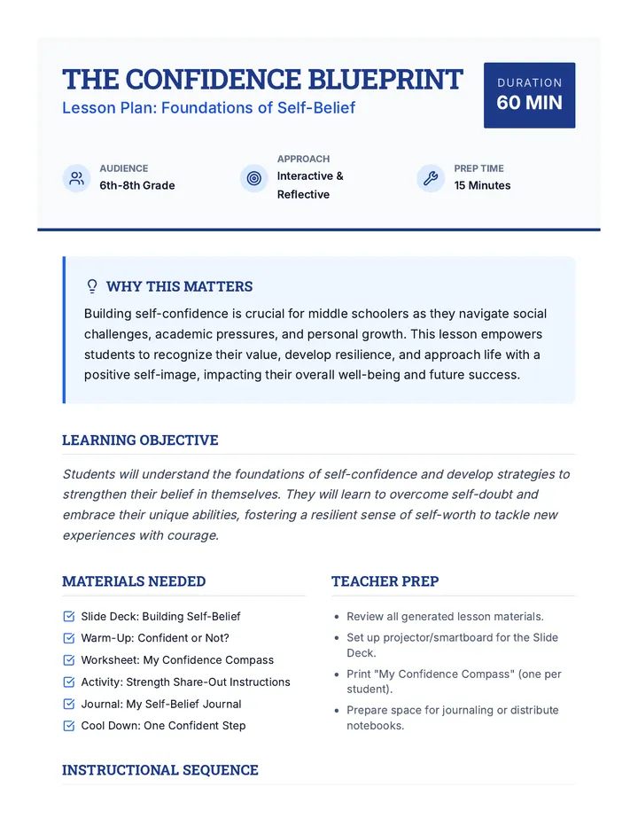 Confidence Blueprint Lesson Plan Teacher Guide