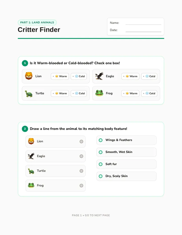 Critter Finder Worksheet