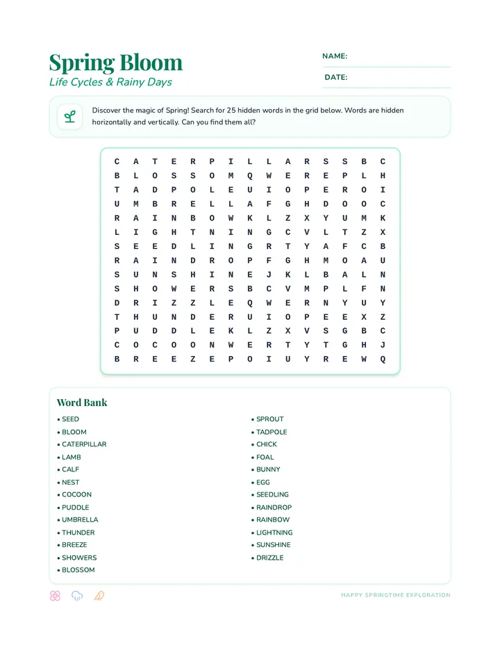 Spring Bloom Word Search Worksheet