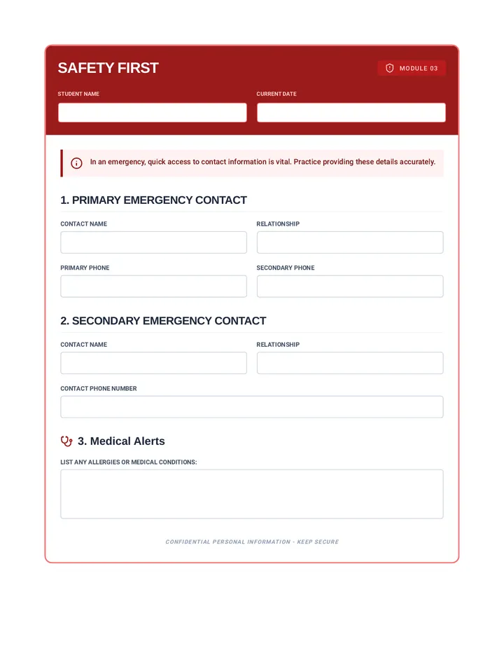 Safety First Worksheet