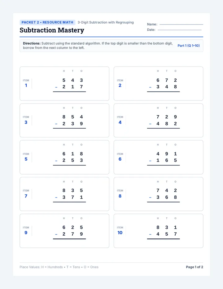 Subtraction Mastery Worksheet