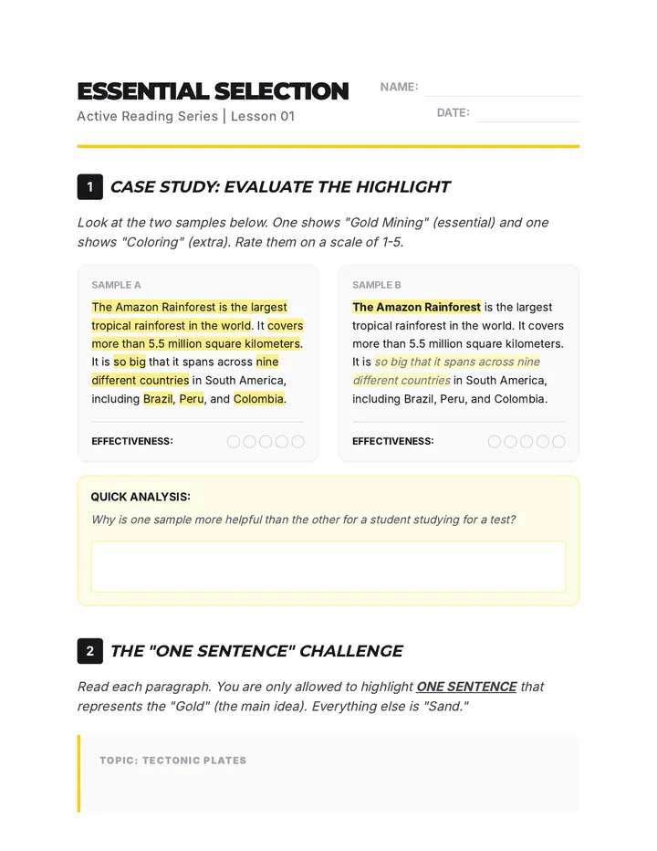 Essential Selection Worksheet