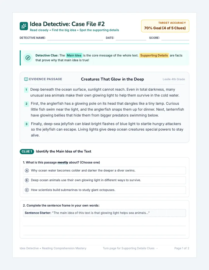 Deep Sea Glowers Worksheet