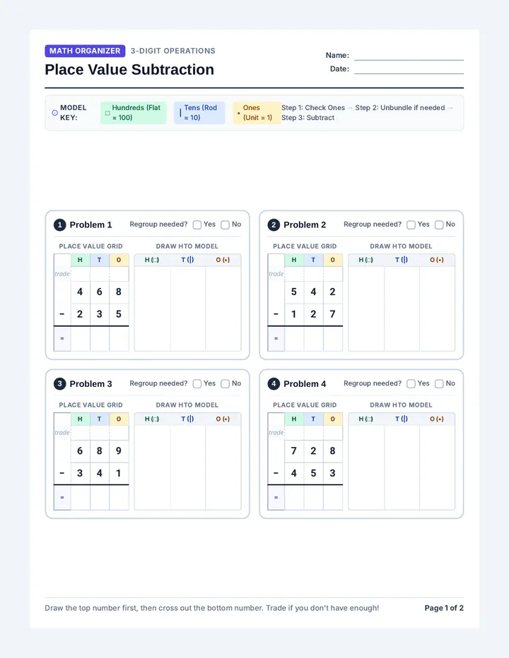 Place Value Subtraction Worksheet