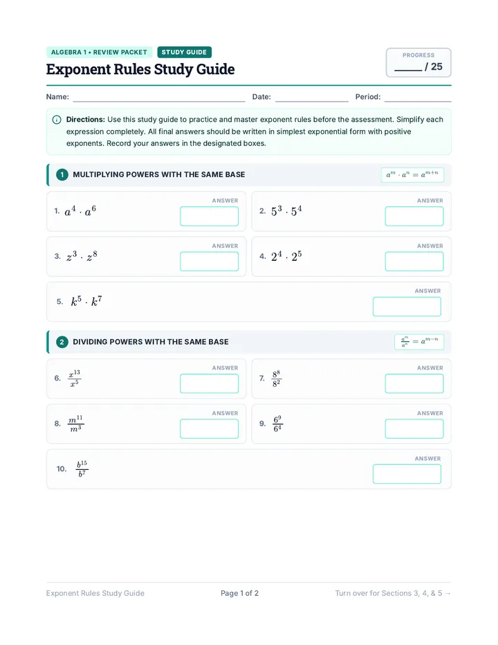 Exponent Rules Study Guide