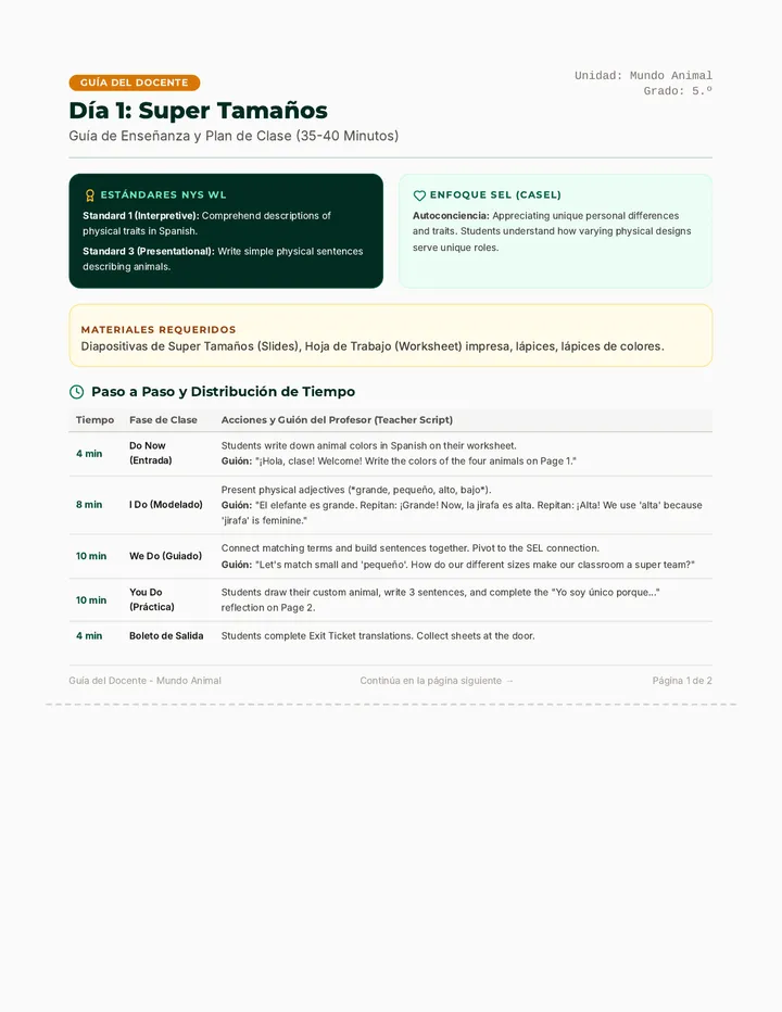 Super Tamaños Teacher Guide
