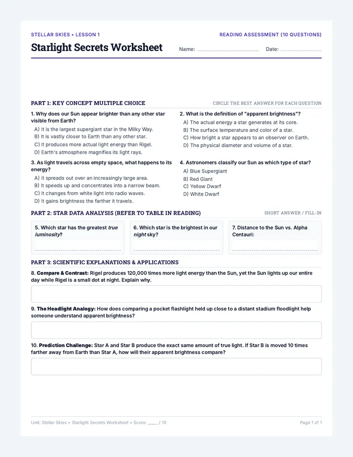 Starlight Secrets Worksheet