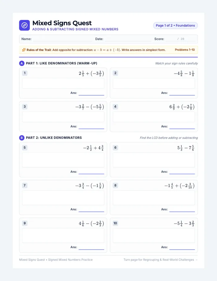 Mixed Signs Quest Worksheet