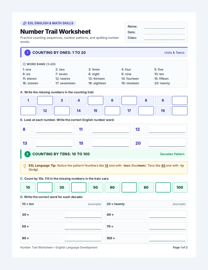 Number Trail Worksheet