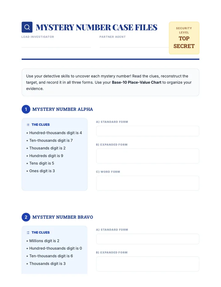 Mystery Number Detective Worksheet