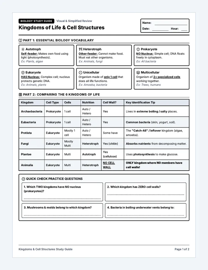 Kingdoms Cells Study Guide