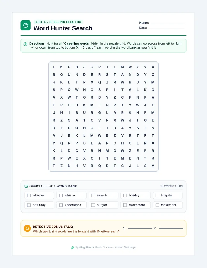 Word Hunter Search Worksheet