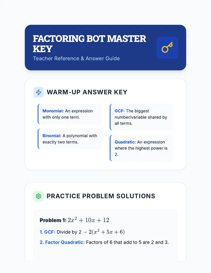 Factoring Bot Teacher Answer Key