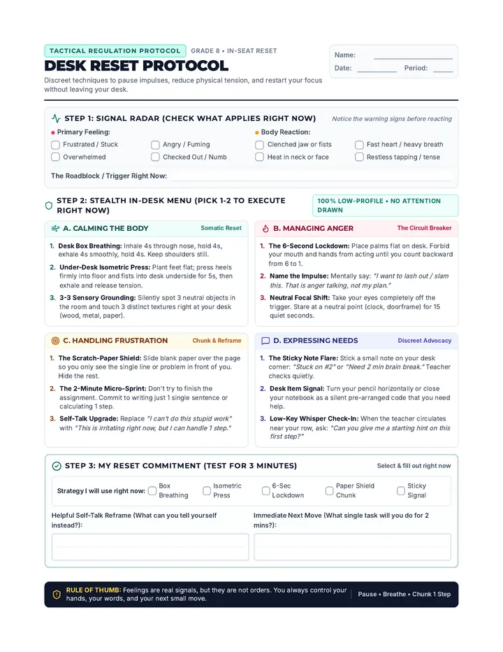 Desk Reset Coping Worksheet