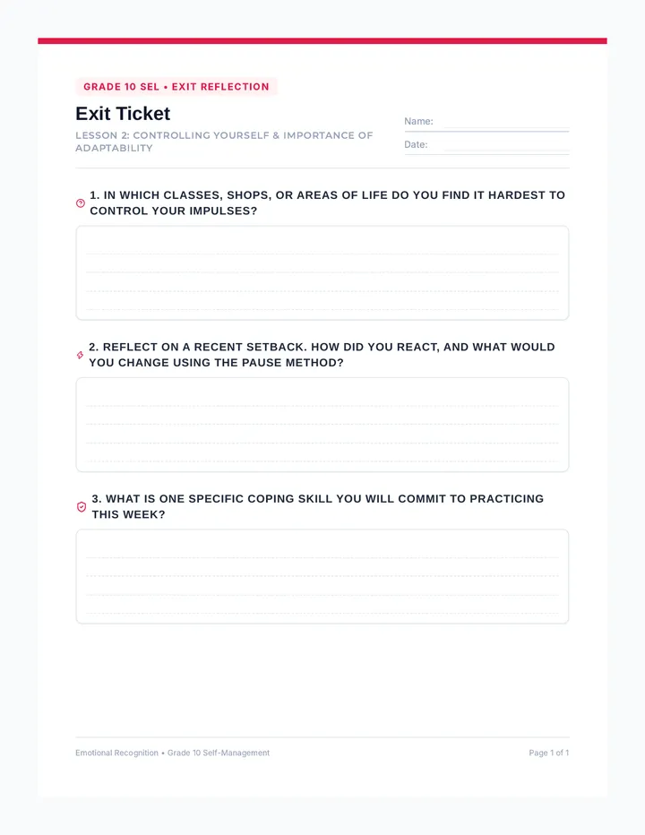 Controlling Yourself Exit Ticket