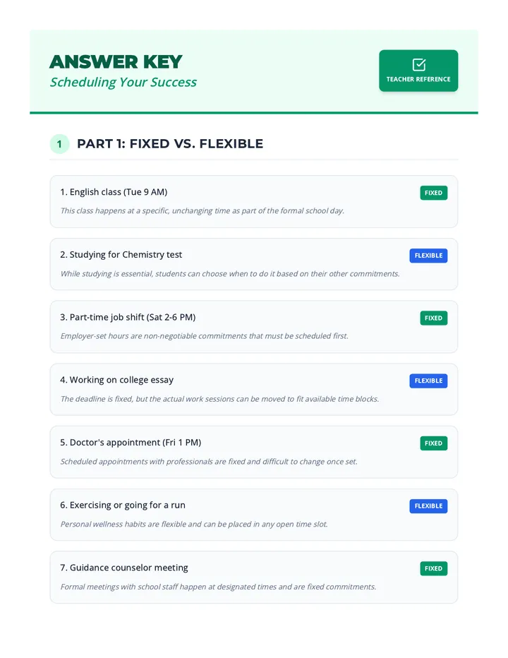 Scheduling Your Success Answer Key
