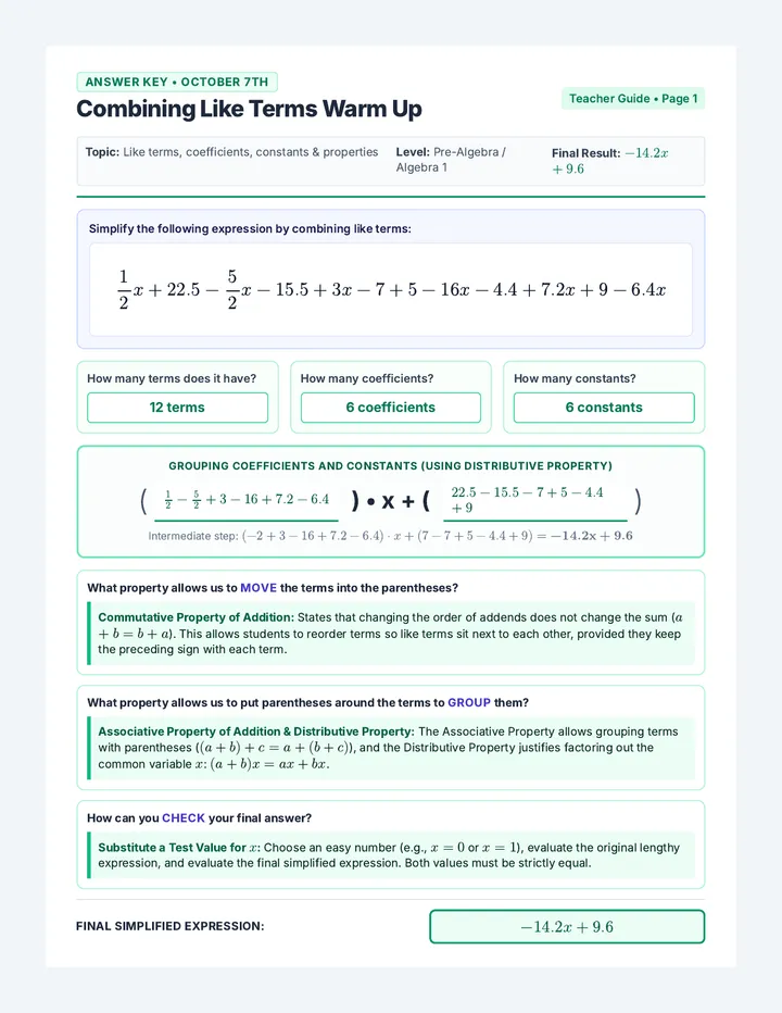 Combining Terms Answer Key