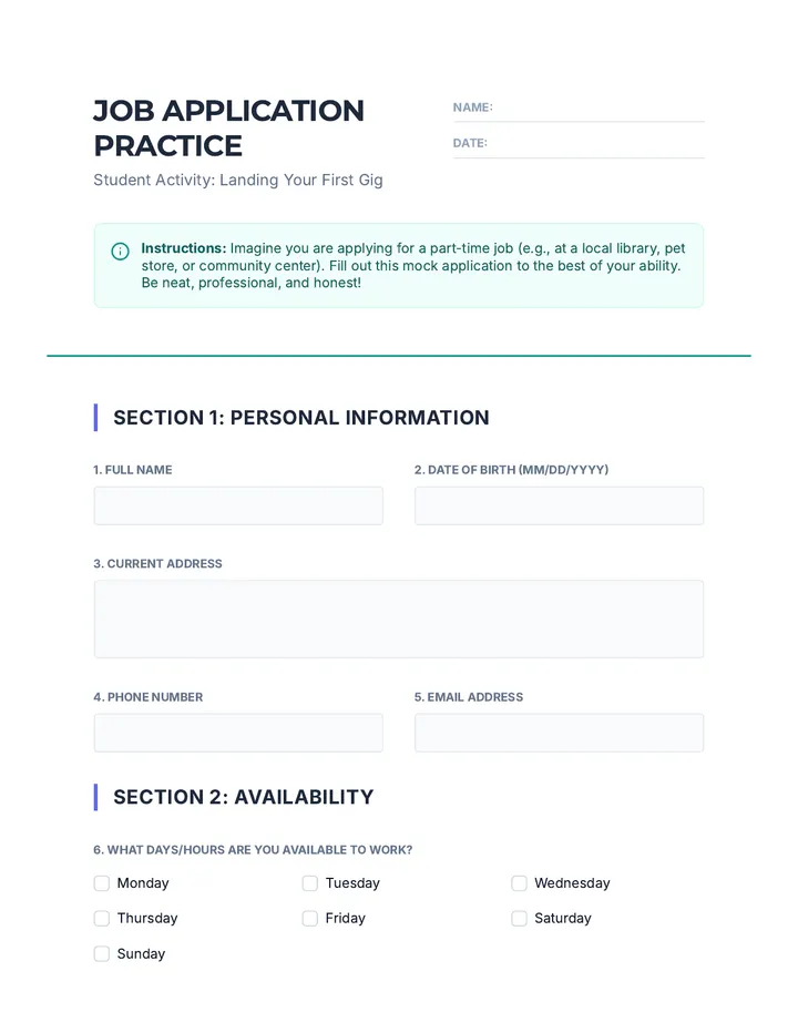 Job Application Practice Worksheet