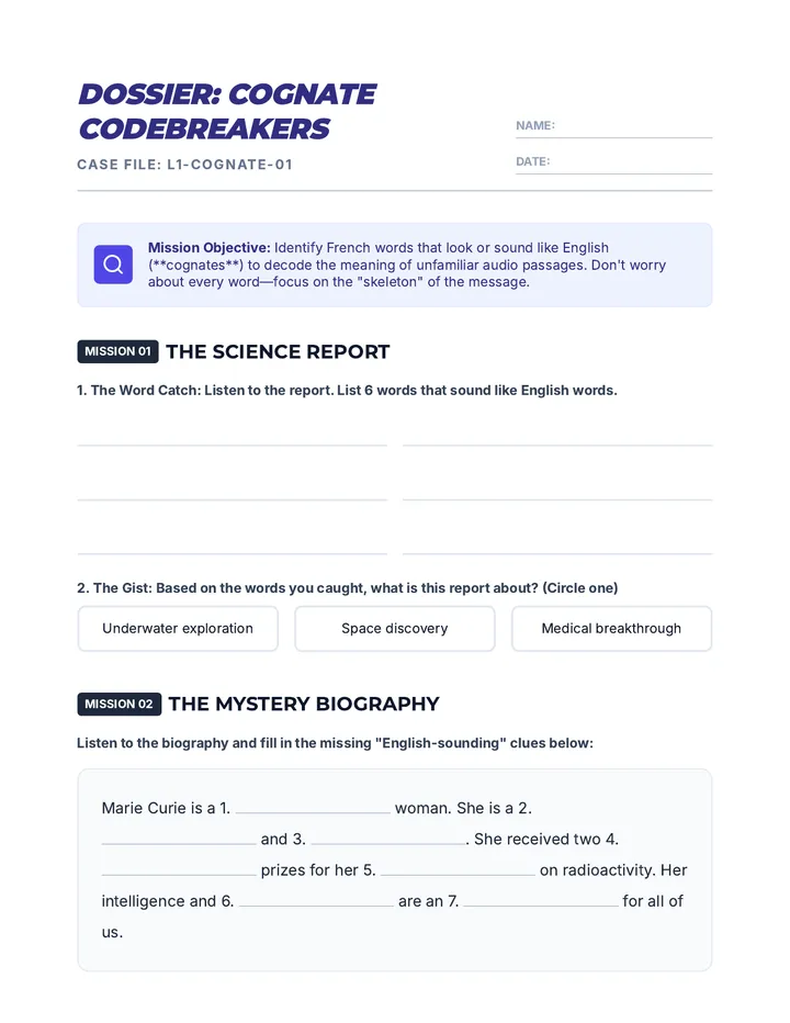Cognate Codebreakers Worksheet