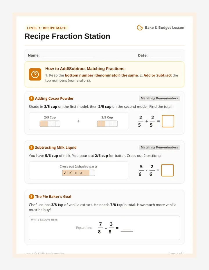 Recipe and Register Worksheet
