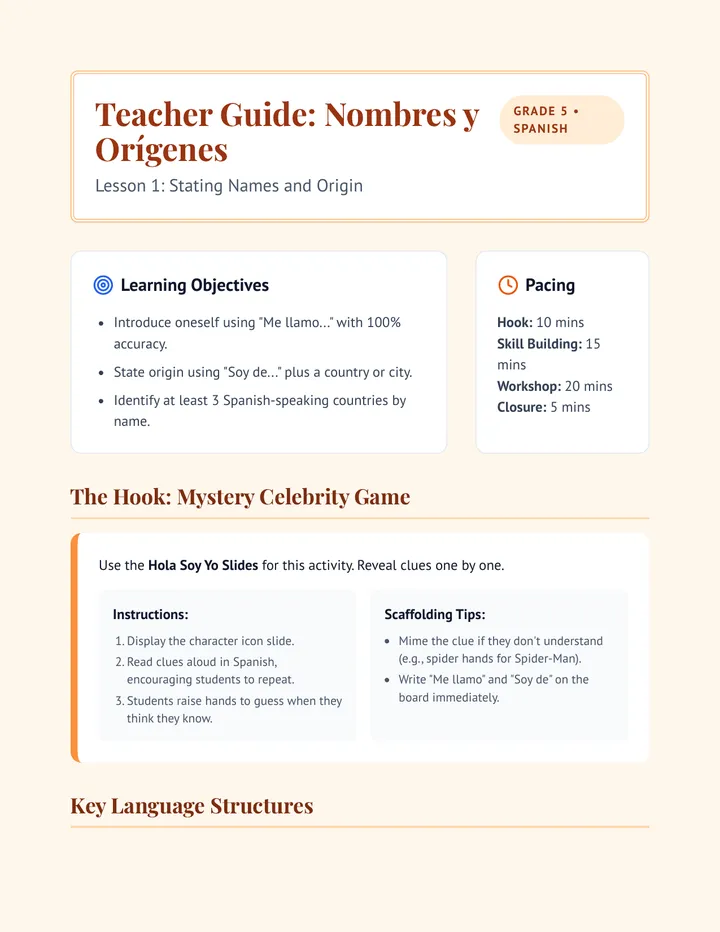 Nombres y Origenes Teacher Guide