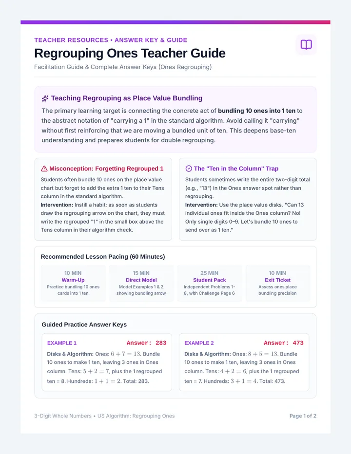 Regrouping Ones Teacher Guide