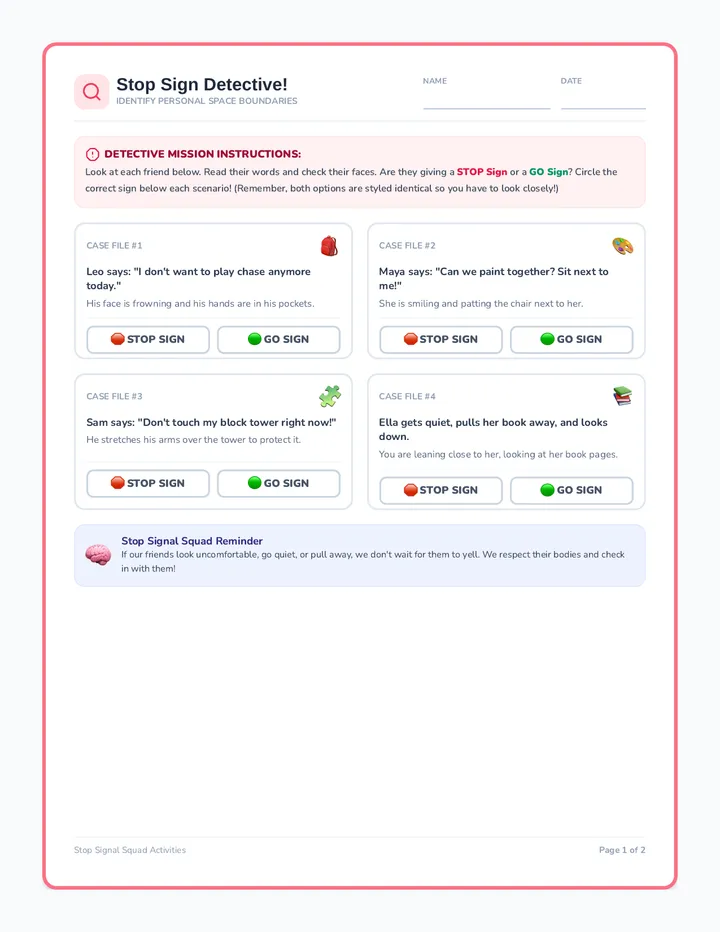 Stop Signal Squad Activity Sheets