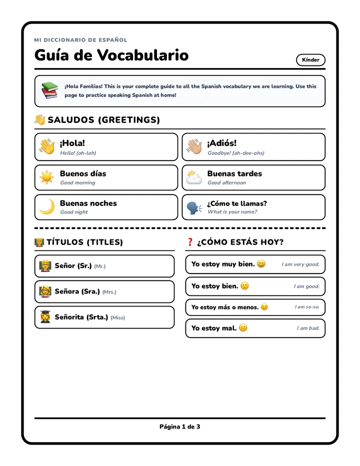 Hola Amigos Vocabulary Guide