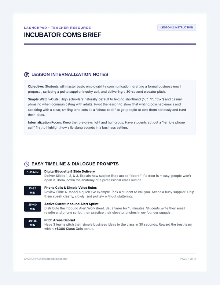 Incubator Brief Teacher Guide