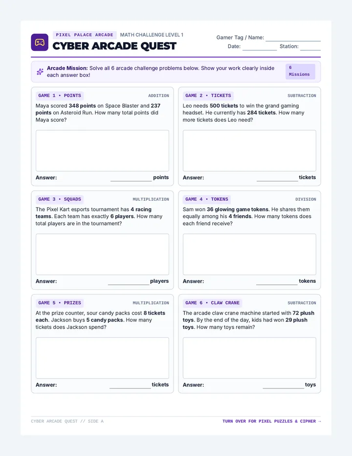 Cyber Arcade Quest Math Worksheet