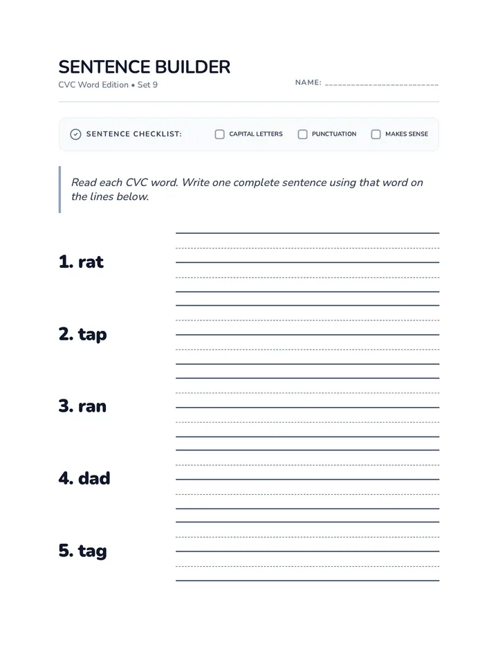 Sentence Builder Set 9 Worksheet