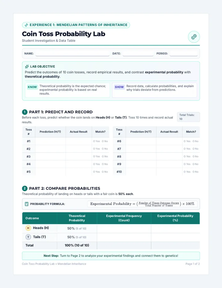 Coin Toss Genetics Worksheet