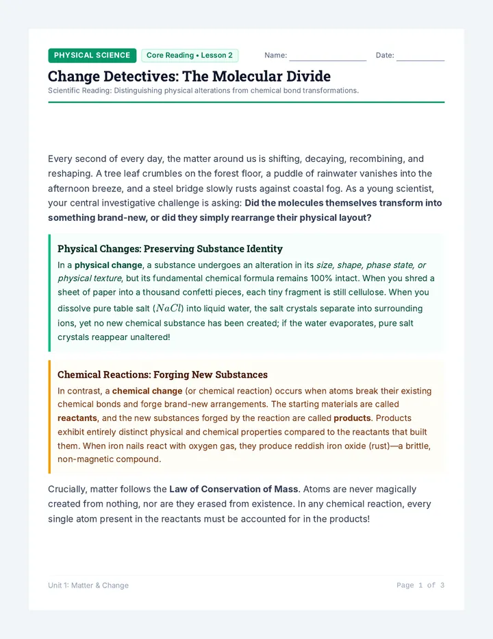 Change Detectives Reading Worksheet