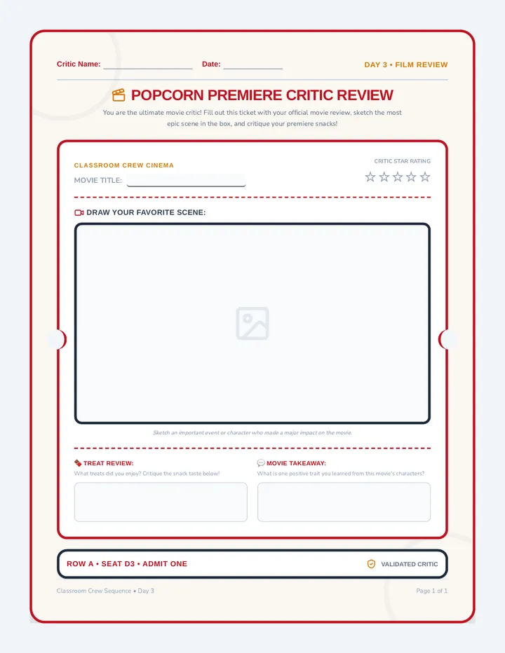 Popcorn Premiere Ticket Worksheet