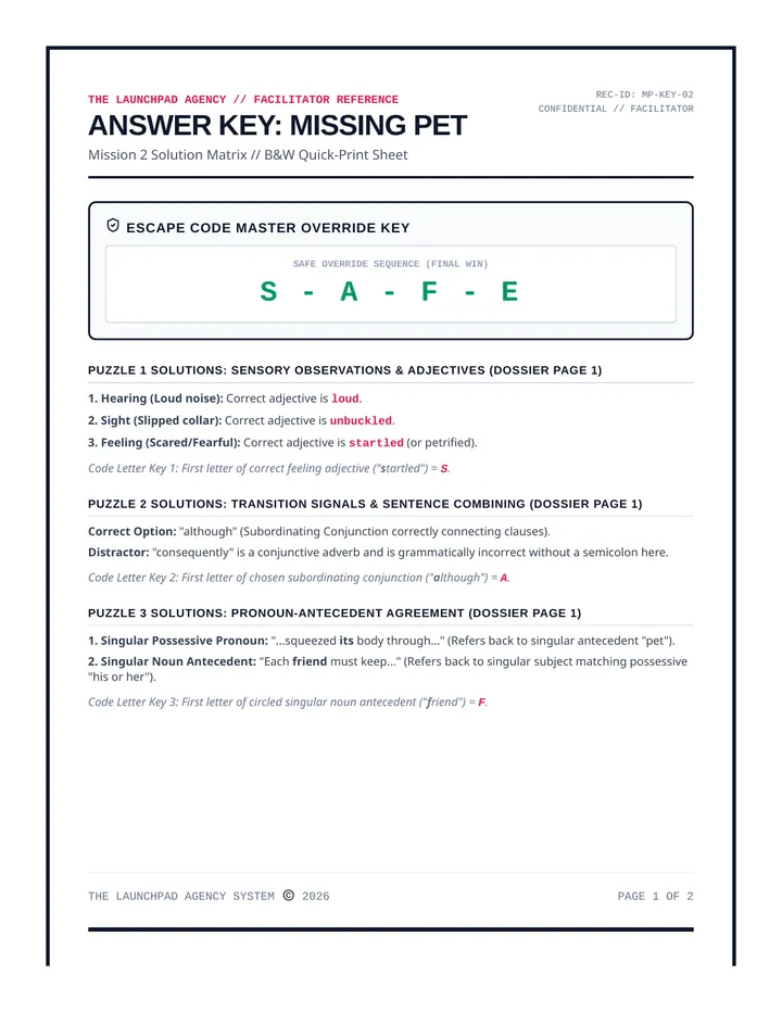 Missing Pet Answer Key