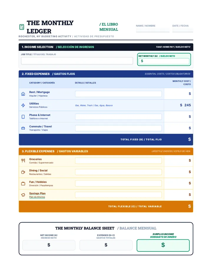 Bilingual Monthly Ledger Worksheet Plus