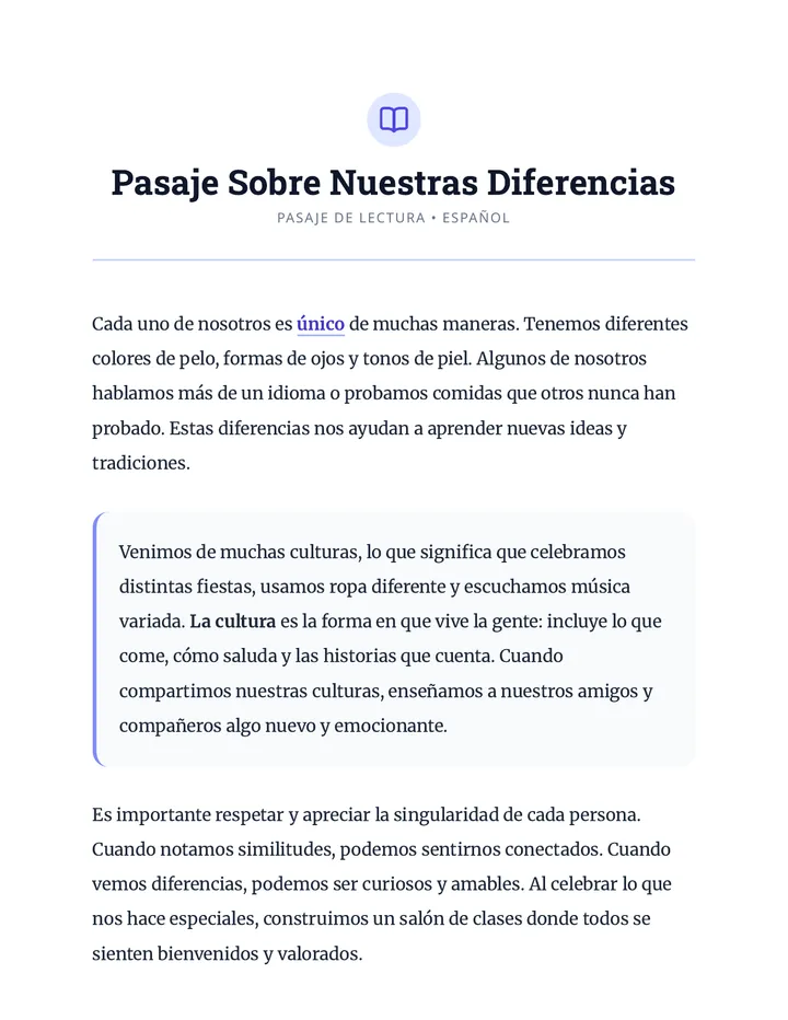 Pasaje Nuestras Diferencias Spanish Reading