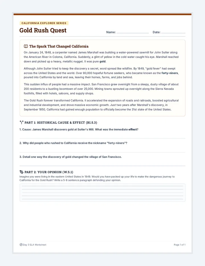 Gold Rush Quest Reading Worksheet
