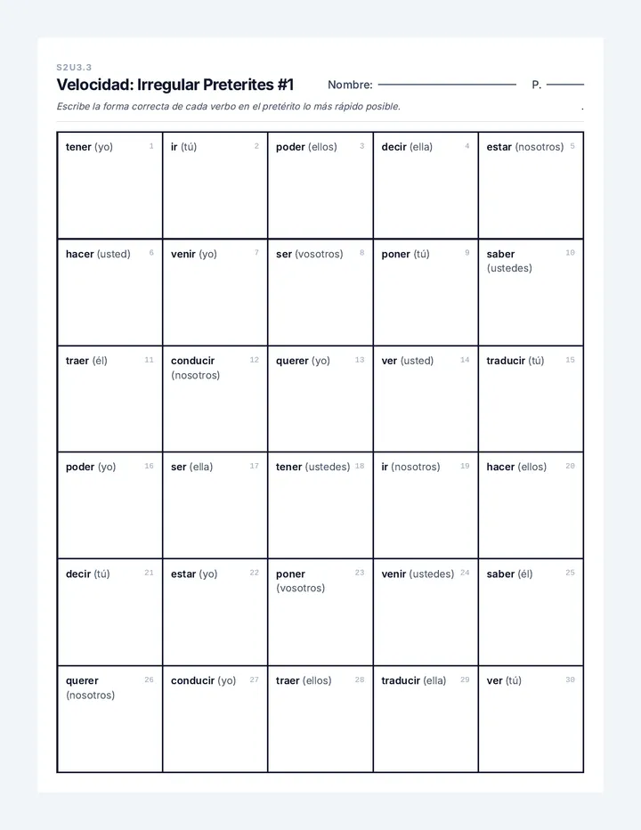 Irregular Preterites Velocidad Worksheet