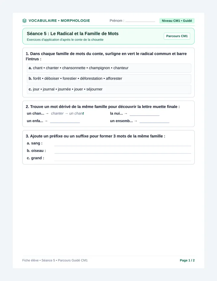 Chouette Vocabulaire Fiche Eleve