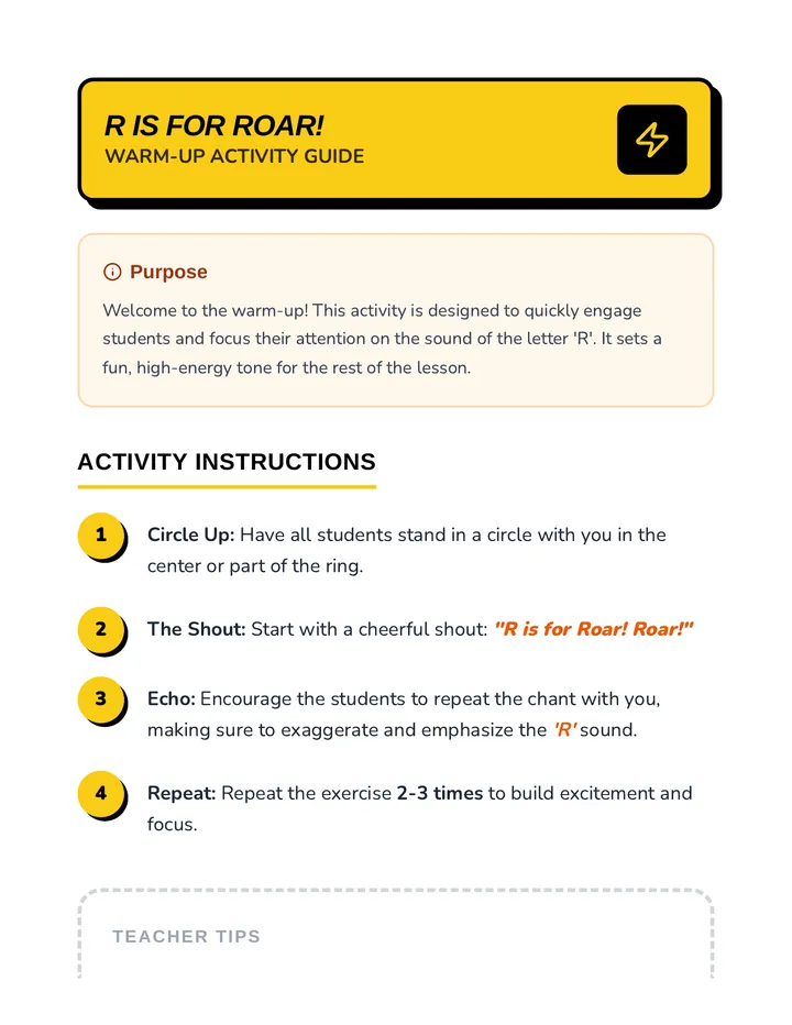 R is for Roar Warm Up Guide