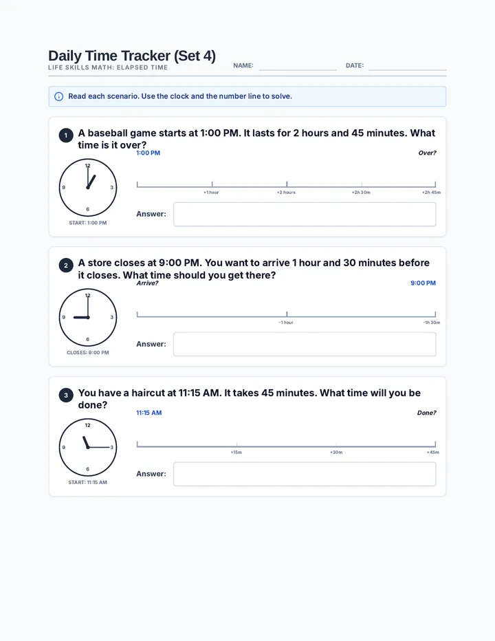 Daily Time Worksheet Set 4