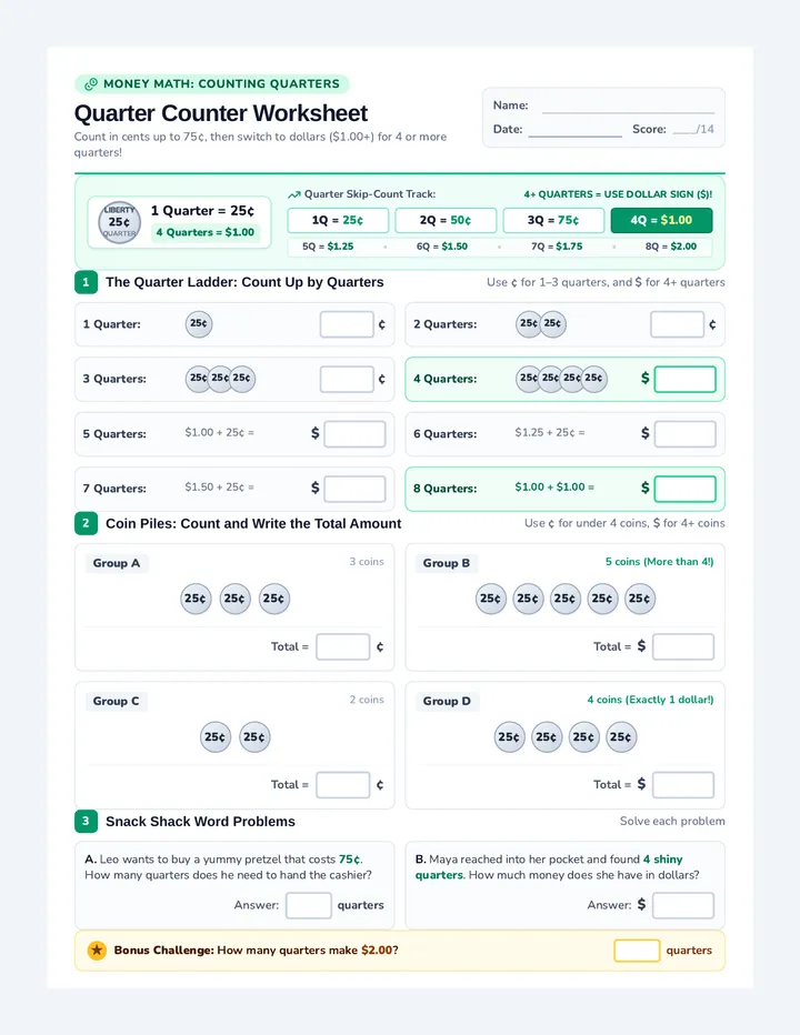 Quarter Counter Worksheet