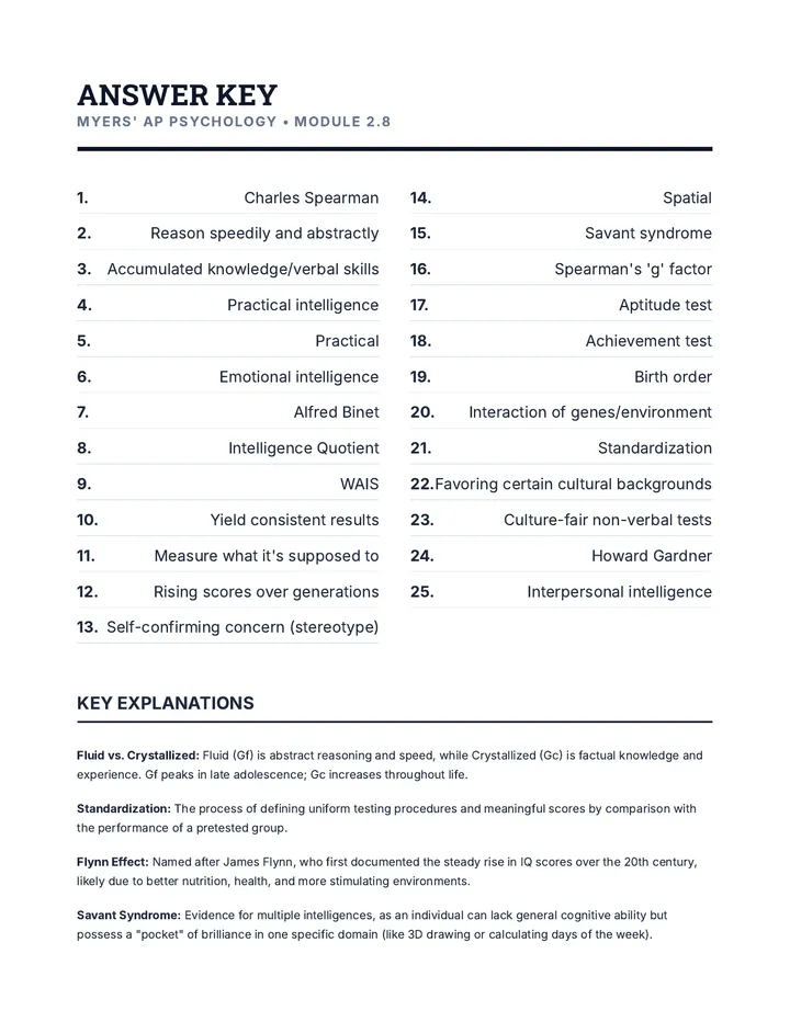 Myers' Intelligence Test 2-8 Answer Key
