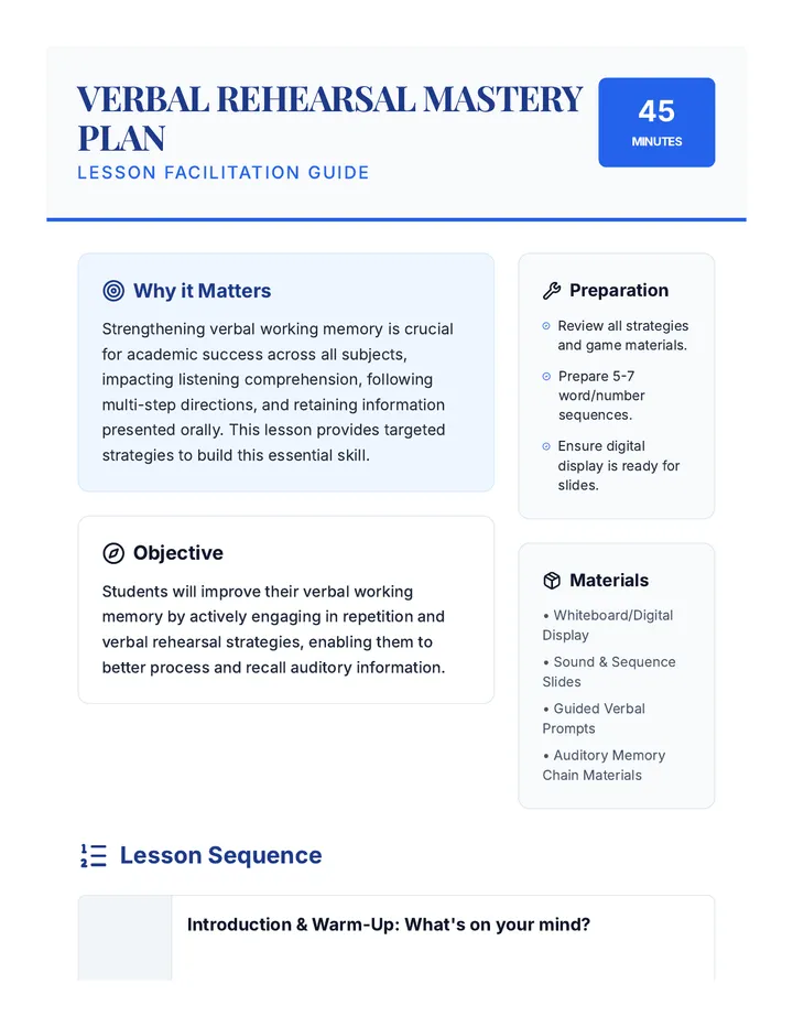 Verbal Rehearsal Mastery Plan Lesson Plan